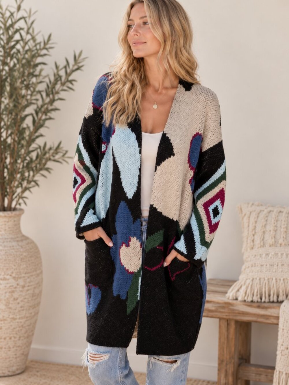 514. Women's Navy Floral Jacquard Open Front Cardigan